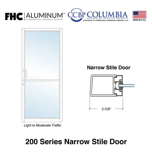 200 Series Narrow Stile Pair of Aluminum Doors with 2-1/4" Top Rails and 10" Bottom Rails - 1/2" Glass Stops - Butt Hinges - Bronze Anodized - Custom Size or Prep 200 Series Narrow Stile Pair of Aluminum Doors with 2-1/4" Top Rails and 10" Bottom Rails - 1/2" Glass Stops - Butt Hinges - Bronze Anodized - Custom Size or Prep
