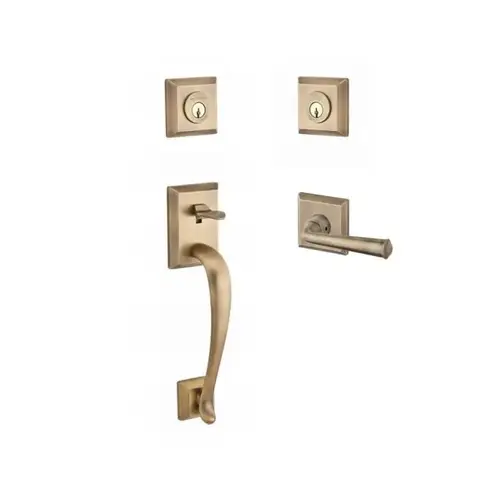 Double Cylinder Napa Handleset with Left Hand Federal Lever and Traditional Square Rose with 6AL Latch and Dual Strike Matte Brass and Black Finish Double Cylinder Napa Handleset with Left Hand Federal Lever and Traditional Square Rose with 6AL Latch and Dual Strike Matte Brass and Black Finish