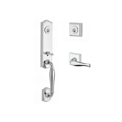 Double Cylinder New Hampshire Handleset with Right Hand Decorative Lever and Traditional Square Rose For Thick Door with 6AL Latch and Dual Strike Bright Chrome Finish Double Cylinder New Hampshire Handleset with Right Hand Decorative Lever and Traditional Square Rose For Thick Door with 6AL Latch and Dual Strike Bright Chrome Finish