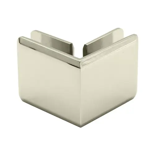 Beveled 90 Degree Glass Clamp, Brass Material, 3/8" to 1/2" Glazing Thickness, Polished Nickel Finish