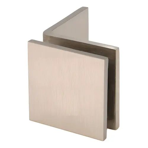 Square Wall Mount Glass Clamps With Large Leg, Brass Material, 90 Degree Mounting Angle, 3/8" To 1/2" Glazing Thickness, Brushed Nickel Finish