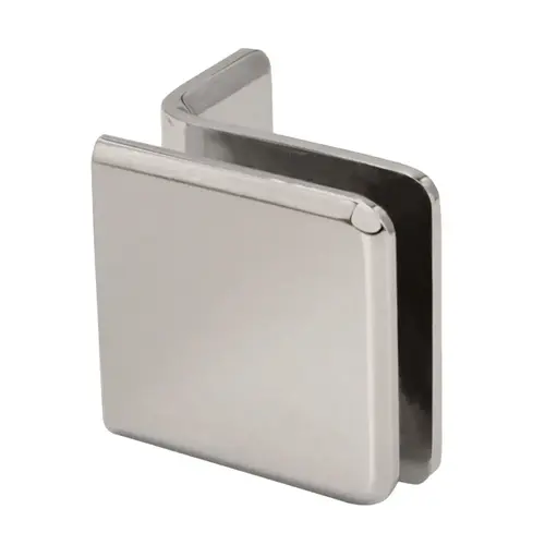 Beveled Wall Mount Glass Clamps With Small Leg, Brass Material, 90 Degree, 3/8" To 1/2" Glazing Thickness, Polished Nickel Finish