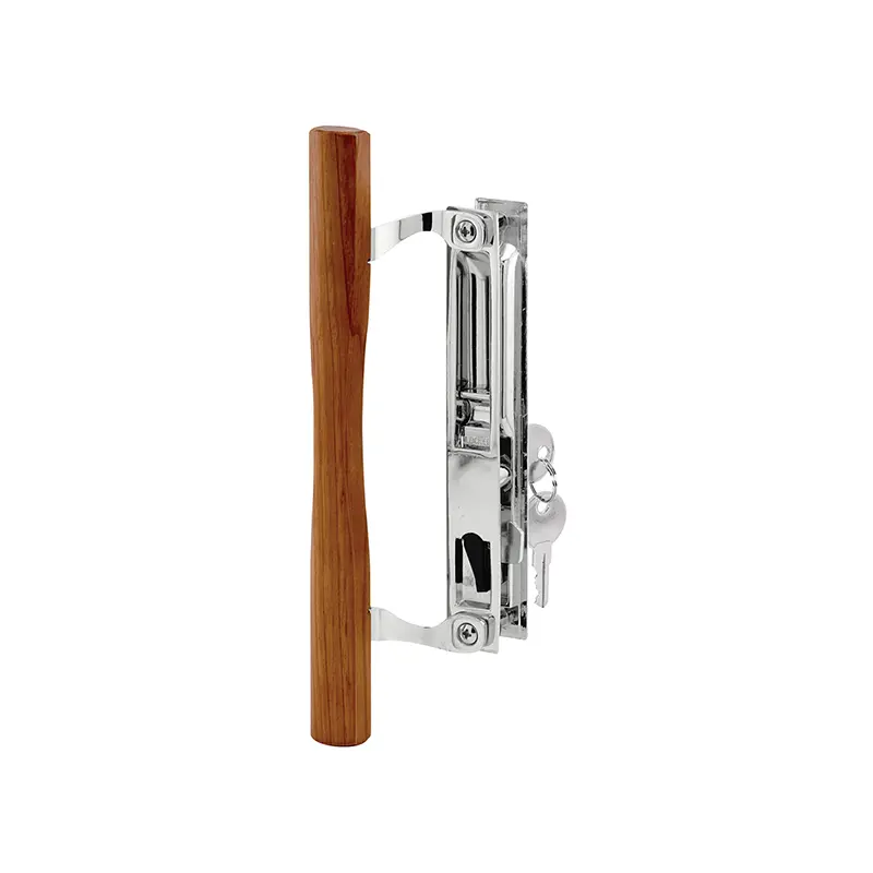 FHC Keyed Sliding Glass Door Handle Set - Wood & Chrome Plated Diecast - Hook Style - Flush Mount - Fits 6-5/8 Hole Spacing (1 Set) C1149