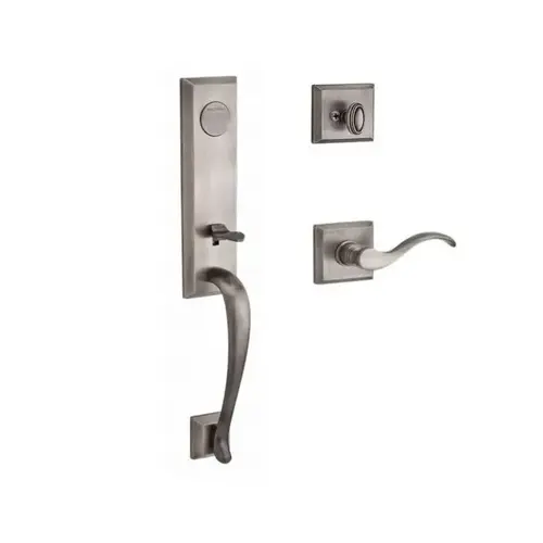 Full Dummy Del Mar Handleset Left Hand Curve Lever and Traditional Square Rose Matte Antique Nickel Finish Full Dummy Del Mar Handleset Left Hand Curve Lever and Traditional Square Rose Matte Antique Nickel Finish