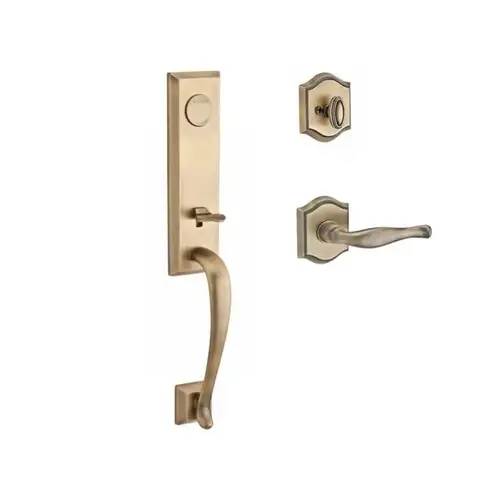 Full Dummy Del Mar Handleset Left Hand Decorative Lever and Traditional Arch Rose Matte Brass and Black Finish Full Dummy Del Mar Handleset Left Hand Decorative Lever and Traditional Arch Rose Matte Brass and Black Finish