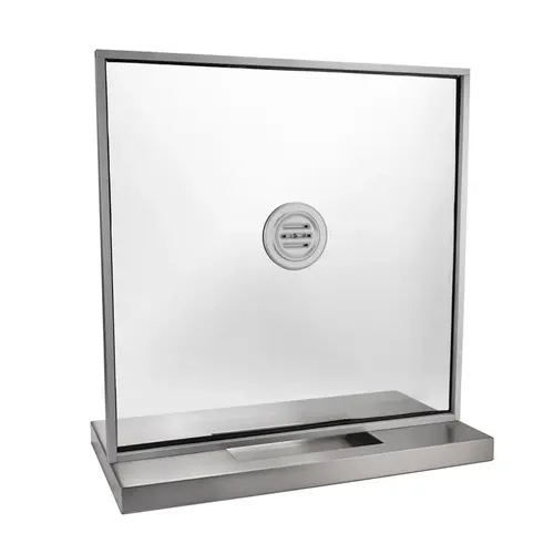 Stock Cashier Window with Speak Thru - Stainless Steel Shelf with Deal Tray - Satin Anodized Stock Cashier Window with Speak Thru - Stainless Steel Shelf with Deal Tray - Satin Anodized