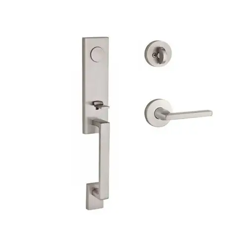 Full Dummy Seattle Handleset Right Hand Square Lever and Contemporary Round Rose Satin Nickel Finish Full Dummy Seattle Handleset Right Hand Square Lever and Contemporary Round Rose Satin Nickel Finish