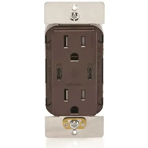 15a Decora Tamper-Resistant Receptacle With 60w Dual USB Type C/c, Brown 15a Decora Tamper-Resistant Receptacle With 60w Dual USB Type C/c, Brown