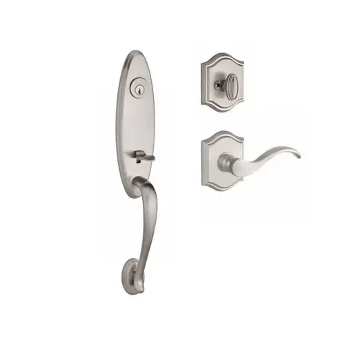 Single Cylinder Chesapeake Handleset Left Hand Curve Lever and Traditional Arch Rose with 6AL Latch and Dual Strike for Thick Door Satin Nickel Finish Single Cylinder Chesapeake Handleset Left Hand Curve Lever and Traditional Arch Rose with 6AL Latch and Dual Strike for Thick Door Satin Nickel Finish