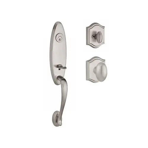 Single Cylinder Chesapeake Handleset Ellipse Knob and Traditional Arch Rose with 6AL Latch and Dual Strike for Thick Door Satin Nickel Finish Single Cylinder Chesapeake Handleset Ellipse Knob and Traditional Arch Rose with 6AL Latch and Dual Strike for Thick Door Satin Nickel Finish