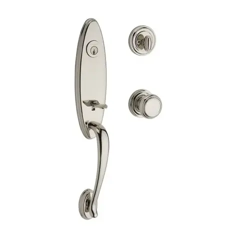 Single Cylinder Chesapeake Handleset Traditional Knob and Traditional Round Rose with 6AL Latch and Dual Strike Bright Nickel Finish Single Cylinder Chesapeake Handleset Traditional Knob and Traditional Round Rose with 6AL Latch and Dual Strike Bright Nickel Finish