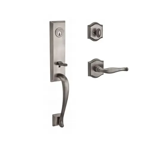 Single Cylinder Del Mar Handleset Left Hand Decorative Lever and Traditional Arch Rose with 6AL Latch and Dual Strike Matte Antique Nickel Finish Single Cylinder Del Mar Handleset Left Hand Decorative Lever and Traditional Arch Rose with 6AL Latch and Dual Strike Matte Antique Nickel Finish