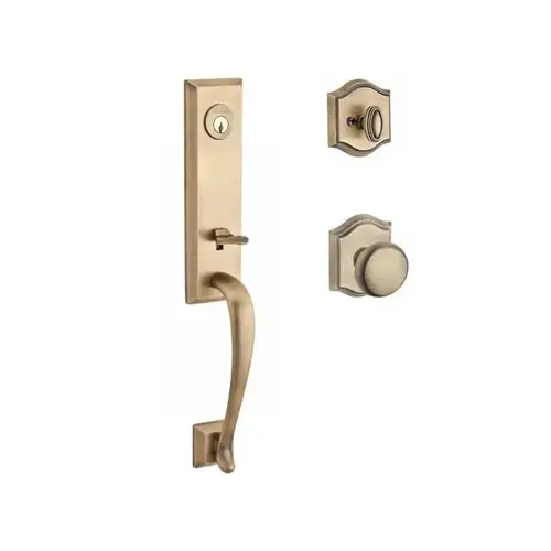 Single Cylinder Del Mar Handleset Traditional Knob and Traditional Arch Rose with 6AL Latch and Dual Strike Matte Brass and Black Finish Single Cylinder Del Mar Handleset Traditional Knob and Traditional Arch Rose with 6AL Latch and Dual Strike Matte Brass and Black Finish