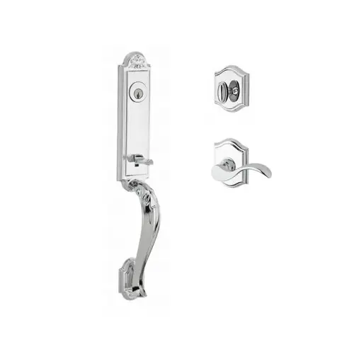 Single Cylinder Elizabeth Handleset Right Hand Curve Lever and Traditional Arch Rose with 6AL Latch and Dual Strike Bright Chrome Finish Single Cylinder Elizabeth Handleset Right Hand Curve Lever and Traditional Arch Rose with 6AL Latch and Dual Strike Bright Chrome Finish