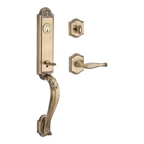 Single Cylinder Elizabeth Handleset Right Hand Decorative Lever and Traditional Arch Rose with 6AL Latch, Dual Strike, and SmartKey Matte Brass and Black Finish Single Cylinder Elizabeth Handleset Right Hand Decorative Lever and Traditional Arch Rose with 6AL Latch, Dual Strike, and SmartKey Matte Brass and Black Finish