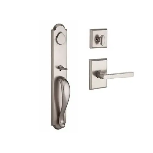 Single Cylinder Elkhorn Handleset Right Hand Taper Lever and Rustic Square Rose with 6AL Latch and Dual Strike White Bronze Finish Single Cylinder Elkhorn Handleset Right Hand Taper Lever and Rustic Square Rose with 6AL Latch and Dual Strike White Bronze Finish