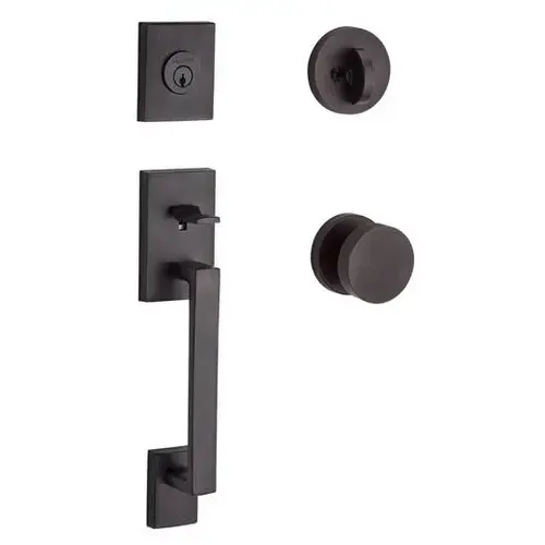 Single Cylinder La Jolla Handleset Contemporary Knob Contemporary Round Rose with 6AL Latch and Dual Strike Venetian Bronze Finish Single Cylinder La Jolla Handleset Contemporary Knob Contemporary Round Rose with 6AL Latch and Dual Strike Venetian Bronze Finish