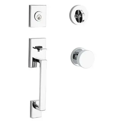 Single Cylinder La Jolla Handleset Contemporary Knob Contemporary Round Rose with 6AL Latch and Dual Strike Bright Chrome Finish Single Cylinder La Jolla Handleset Contemporary Knob Contemporary Round Rose with 6AL Latch and Dual Strike Bright Chrome Finish