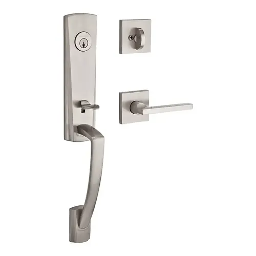 Single Cylinder Miami Handleset Left Hand Square Lever and Contemporary Square Rose with 6AL Latch and Dual Strike Satin Nickel Finish Single Cylinder Miami Handleset Left Hand Square Lever and Contemporary Square Rose with 6AL Latch and Dual Strike Satin Nickel Finish