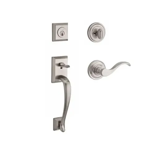 Single Cylinder Napa Handleset Left Hand Curve Lever and Traditional Round Rose with 6AL Latch and Dual Strike for Thick Door Satin Nickel Finish Single Cylinder Napa Handleset Left Hand Curve Lever and Traditional Round Rose with 6AL Latch and Dual Strike for Thick Door Satin Nickel Finish