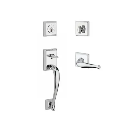 Single Cylinder Napa Handleset Left Hand Decorative Lever and Traditional Square Rose with 6AL Latch and Dual Strike for Thin Door Bright Chrome Finish Single Cylinder Napa Handleset Left Hand Decorative Lever and Traditional Square Rose with 6AL Latch and Dual Strike for Thin Door Bright Chrome Finish