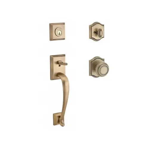 Single Cylinder Napa Handleset Traditional Knob and Traditional Arch Rose with 6AL Latch and Dual Strike Matte Brass and Black Finish Single Cylinder Napa Handleset Traditional Knob and Traditional Arch Rose with 6AL Latch and Dual Strike Matte Brass and Black Finish