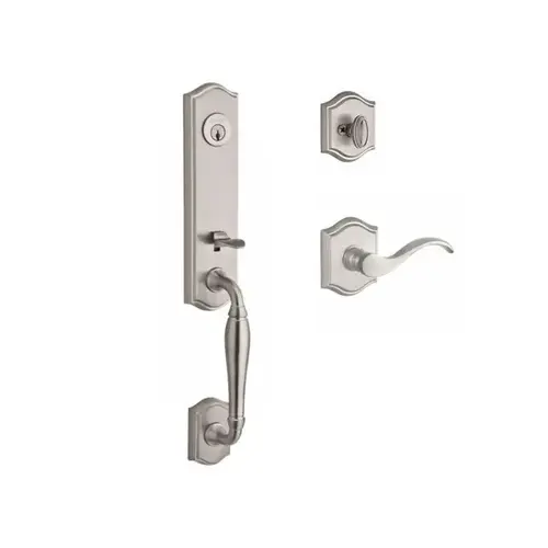 Single Cylinder New Hampshire Handleset Right Hand Curve Lever and Traditional Arch Rose with 6AL Latch and Dual Strike for Thick Door Satin Nickel Finish