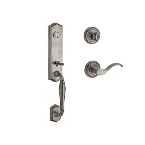 Single Cylinder New Hampshire Handleset Left Hand Curve Lever and Traditional Round Rose with 6AL Latch and Dual Strike Matte Antique Nickel Finish Single Cylinder New Hampshire Handleset Left Hand Curve Lever and Traditional Round Rose with 6AL Latch and Dual Strike Matte Antique Nickel Finish