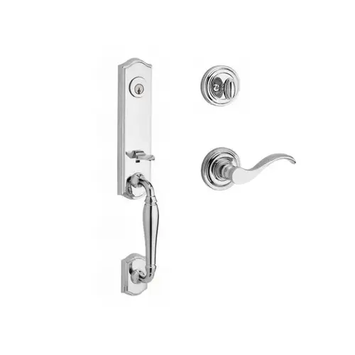 Single Cylinder New Hampshire Handleset Left Hand Curve Lever and Traditional Round Rose with 6AL Latch and Dual Strike Bright Chrome Finish Single Cylinder New Hampshire Handleset Left Hand Curve Lever and Traditional Round Rose with 6AL Latch and Dual Strike Bright Chrome Finish