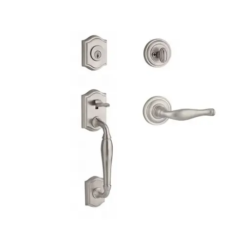 Single Cylinder Westcliff Handleset Left Hand Decorative Lever and Traditional Round Rose with 6AL Latch and Dual Strike Satin Nickel Finish Single Cylinder Westcliff Handleset Left Hand Decorative Lever and Traditional Round Rose with 6AL Latch and Dual Strike Satin Nickel Finish