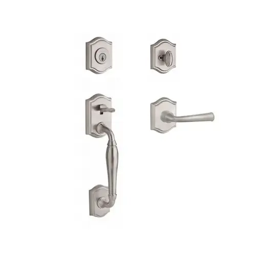 Single Cylinder Westcliff Handleset Left Hand Federal Lever and Traditional Arch Rose with 6AL Latch and Dual Strike for Thick Door Satin Nickel Finish Single Cylinder Westcliff Handleset Left Hand Federal Lever and Traditional Arch Rose with 6AL Latch and Dual Strike for Thick Door Satin Nickel Finish