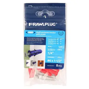 Rawlplug R-S0-UNO1/4+6-1 Rawl Uno Series Multi-Purpose Anchor, 13 mm Thread, 1-1/4 in L, Polypropylene - pack of 8