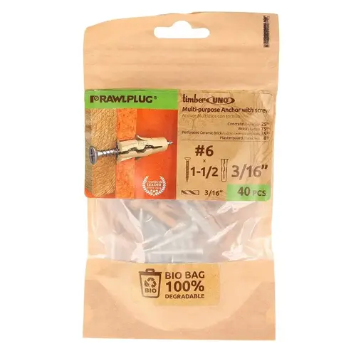 UNO Series Drywall Anchor, 24 mm L, Polypropylene/Recycled Timber, 15 to 120 lb - pack of 40