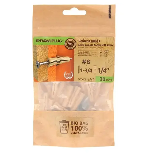 Rawl Uno Series Multi-Purpose Anchor, 16 mm Thread, 1-1/4 in L, Polypropylene/Timber - pack of 30