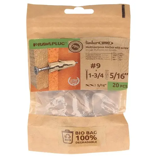 UNO Series Drywall Anchor, 32 mm L, Polypropylene/Recycled Timber, 30 to 190 lb - pack of 20