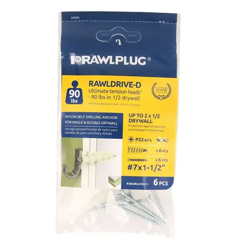 Rawl Rawldrive Series Wall Anchor, 13 mm Thread, 1-1/4 in L, Nylon, 90 lb - pack of 48
