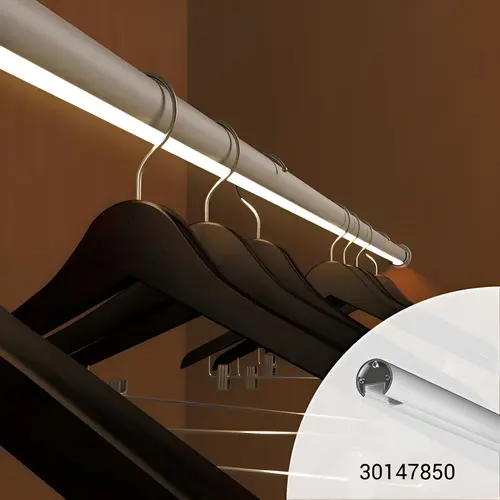 Led Closet Rod Profile, Aluminum And Plastic Material, 8 Ft Length, 1-3/16" Diameter, 0.60" Interior Width, Aluminum Finish