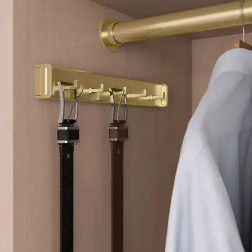 Design-R Pull-Out Belt Rack, Aluminum Material, 5 Hooks, 11-3/4" Depth, 1-3/4" Height, 1-3/4" Width, Satin Brass Finish