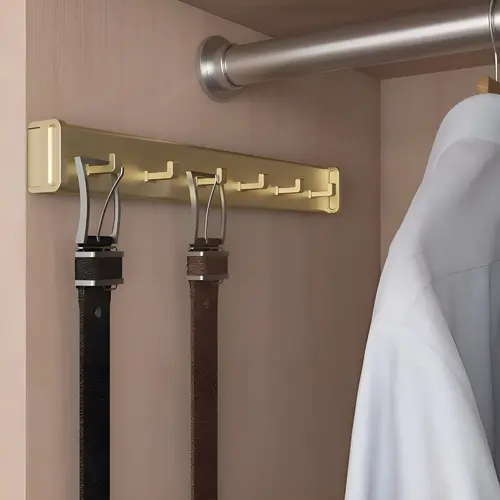 Design-R Pull-Out Belt Rack, Aluminum Material, 6 Hooks, 13-3/4" Depth, 1-3/4" Height, 1-3/4" Width, Satin Brass Finish