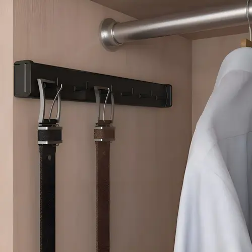 Design-R Pull-Out Belt Rack, Aluminum Material, 6 Hooks, 13-3/4" Depth, 1-3/4" Height, 1-3/4" Width, Matte Black Finish