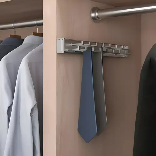Design-R Pull-Out Tie Rack, Aluminum Material, 17 Hooks, 13-3/4" Depth, 2-1/2" Width, Closet Accessory, Matte Nickel Finish