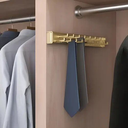 Design-R Pull-Out Tie Rack, Aluminum Material, 17 Hooks, 13-3/4" Depth, 1-3/4" Height, 2-1/2" Width, Satin Brass Finish