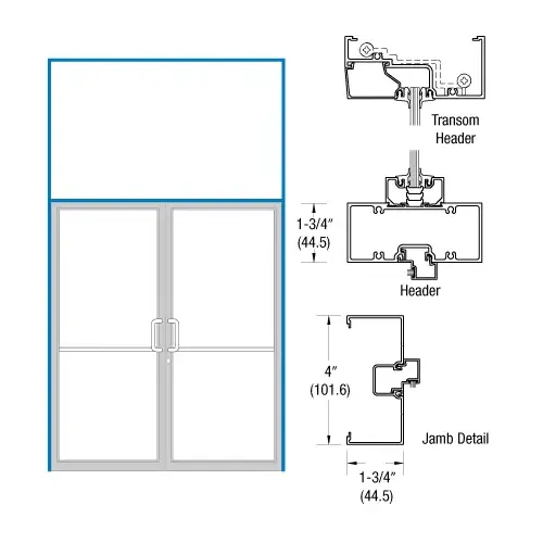 Clear Anodized Open Back Transom Frame for Pair Prepped for OP400 Offset Using Surface Mount Closers