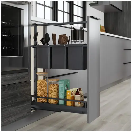 Kessebohmer Dispensa Arena Classic Chrome/White 4-1/2" 2-Shelf Base Cabinet Pullout Organizer with Soft-Close Slides Kessebohmer Dispensa Arena Classic Chrome/White 4-1/2" 2-Shelf Base Cabinet Pullout Organizer with Soft-Close Slides