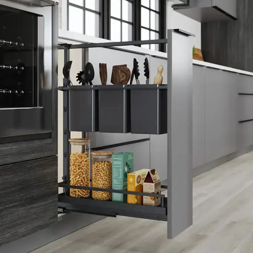 Kessebohmer Dispensa Arena Classic Chrome/Maple 6-1/2" 2-Shelf Base Cabinet Pullout Organizer with Soft-Close Slides Kessebohmer Dispensa Arena Classic Chrome/Maple 6-1/2" 2-Shelf Base Cabinet Pullout Organizer with Soft-Close Slides