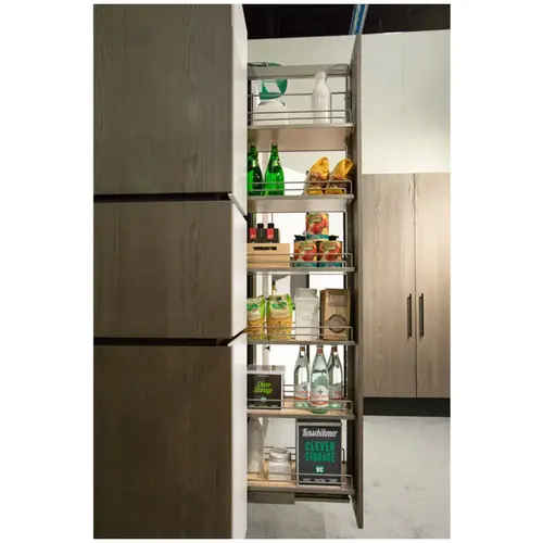 Kessebohmer Dispensa Arena Style Chrome/Anthracite 31-1/2" to 47-1/4" T 4-Shelf Pull Out Pantry with Soft-Close/Soft-Open Slides Kessebohmer Dispensa Arena Style Chrome/Anthracite 31-1/2" to 47-1/4" T 4-Shelf Pull Out Pantry with Soft-Close/Soft-Open Slides