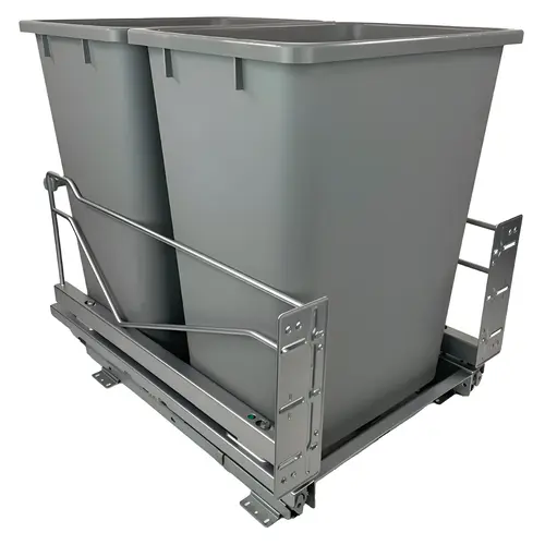 Kessebohmer 15-1/4" Silver Bottom Mount Waste Pullout with 2-36 Quart Grey Bins Self-Open/Soft-Close