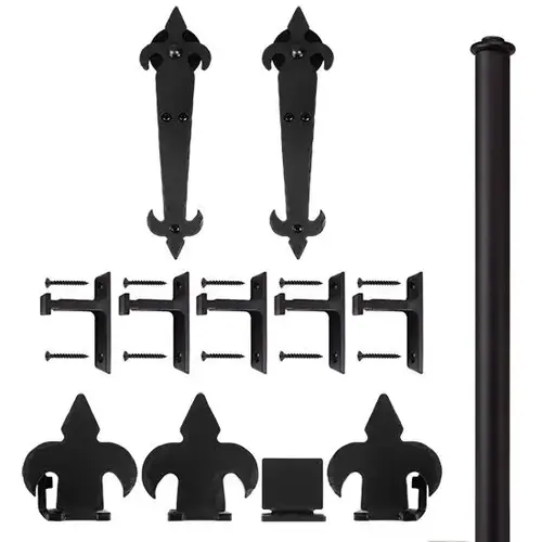 6 Foot Rolling Door Hardware Kits Rolling Door Fleur-de-Lis Kit with Long Brackets, Black