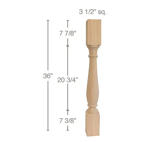 36" x 3-1/2" x 3-1/2" Classic Traditional Island Column, Maple