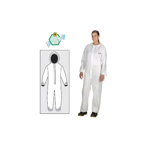Protective Coverall, Elastic Wrists/Ankles, Hood, White, Medium Protective Coverall, Elastic Wrists/Ankles, Hood, White, Medium